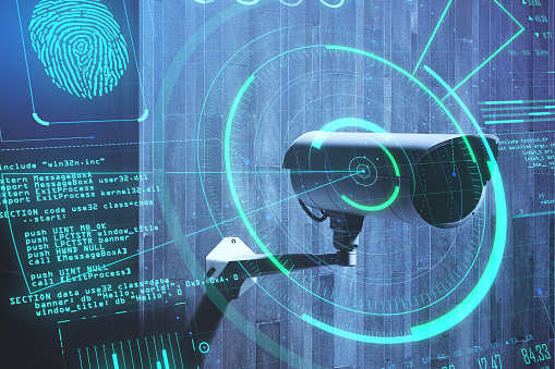 istockphoto-1304087334-170667a Personal data security concept with digital screen with fingerprint, digital code and radar at CCTV camera background. Double exposure